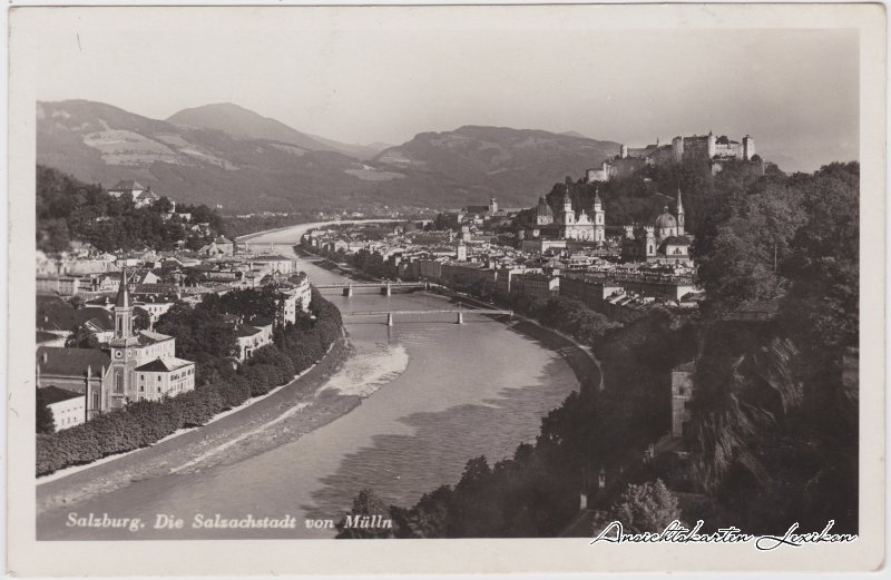 vergrößern: Bildseite historische Ansichtskarte von 1932: Salzachstadt von Mülln:: Salzburg