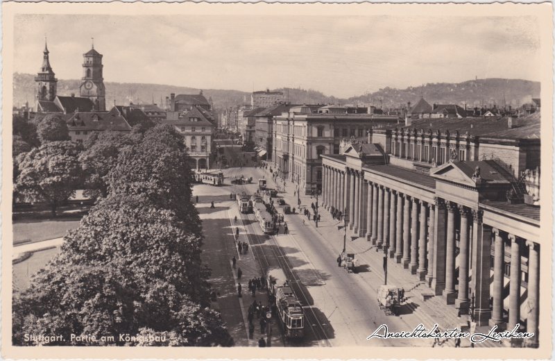 zoom: Image side vintage Postcard from 1932: Partie am Königsbau - Straße und Straßenbahn:: Stuttgart