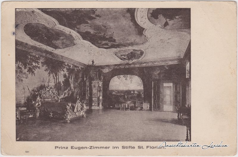 vergrößern: Bildseite historische Ansichtskarte von 1923: Prinz Eugen-Zimmer im Stifte St. Florian:: St. Florian (Linz-Land)