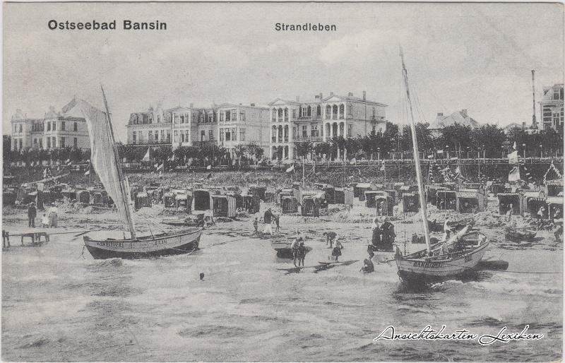 zoom: Image side vintage Postcard from 1919: Strandleben, Promenade mit Hotels - Boote:: Bansin-Heringsdorf Usedom