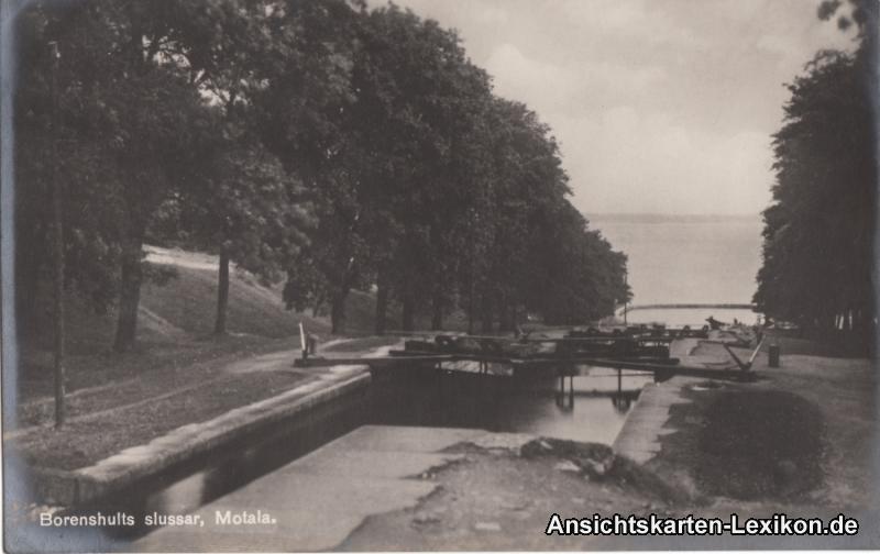 vergrößern: Bildseite historische Ansichtskarte von 1928: Borenshults slussar:: Motala