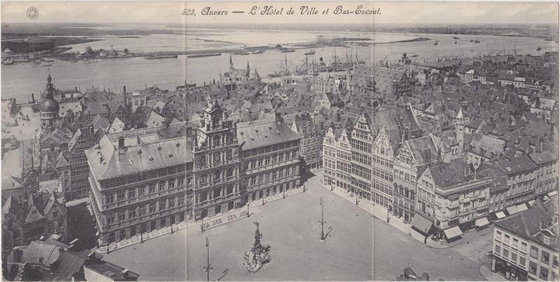 vergrößern: Bildseite historische Ansichtskarte von 1913: Blick über die Stadt - Markt und Hafen:: Antwerpen