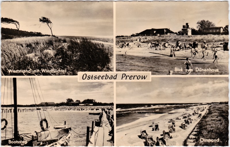 zoom: Image side vintage Postcard from 1963: Mehrbildkarte: Bootssteg und Strand:: Prerow