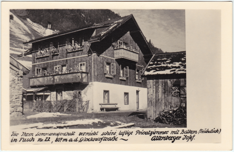 vergrößern: Bildseite historische Ansichtskarte von 1939: Pension Altenberger Josef:: Fusch an der Großglocknerstraße