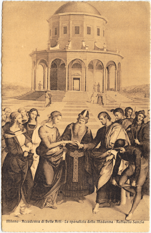 zoom: Image side vintage Postcard from 1917: Accademia di Belle Arti . Lo sposalizo dela Madonna - Raffaello Sanzio::