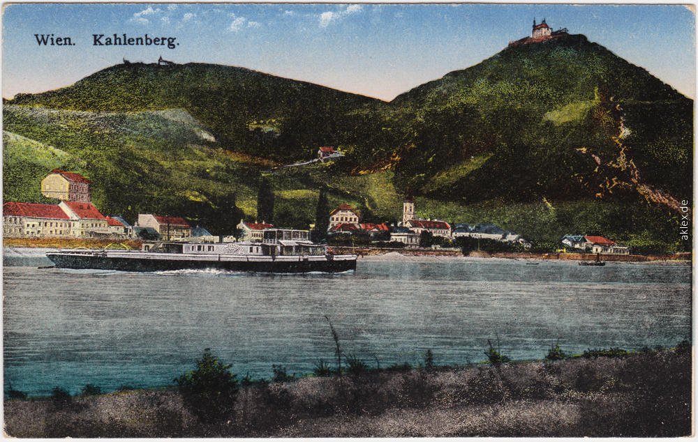 vergrößern: Bildseite historische Ansichtskarte von 1914: Kahlenberg Panorama mit Dampfer:: Döbling-Wien