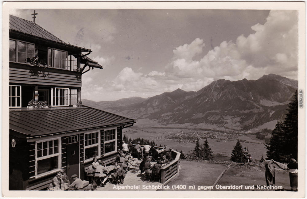 vergrößern: Bildseite historische Ansichtskarte von 1937: Alpenhotel Schönblick - Nebelhorn:: Oberstdorf (Allgäu)