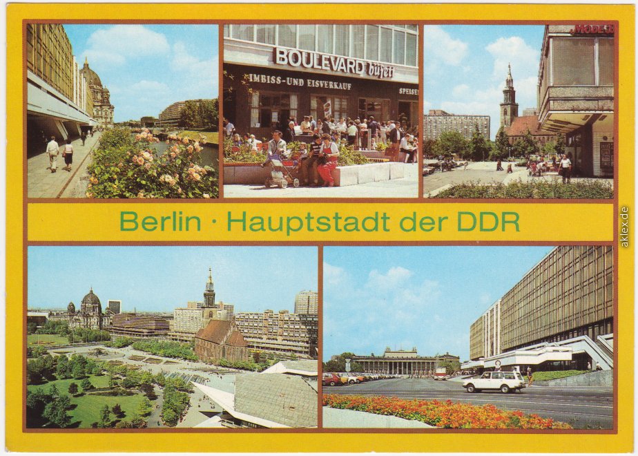 vergrößern: Bildseite historische Ansichtskarte von 1984: Am Palast der Republik, Fußgängerboulevard Dircksenstraße, Blick von der Rathauspassage, Stadtzentrum, Palast der Republik und Altes Museum:: Mitte-Berlin