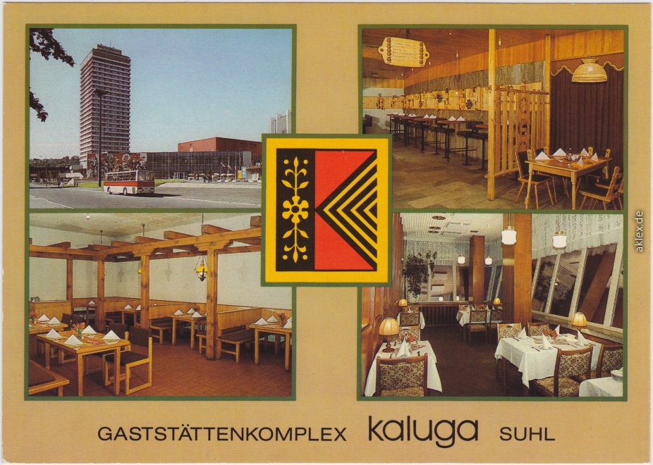 vergrößern: Bildseite historische Ansichtskarte von 1985: Gaststättenkomplex "kaluga", Außenansicht, Patisserie - Pizzeria, Restaurant "Freundschaft", Café im Hochhaus:: Suhl