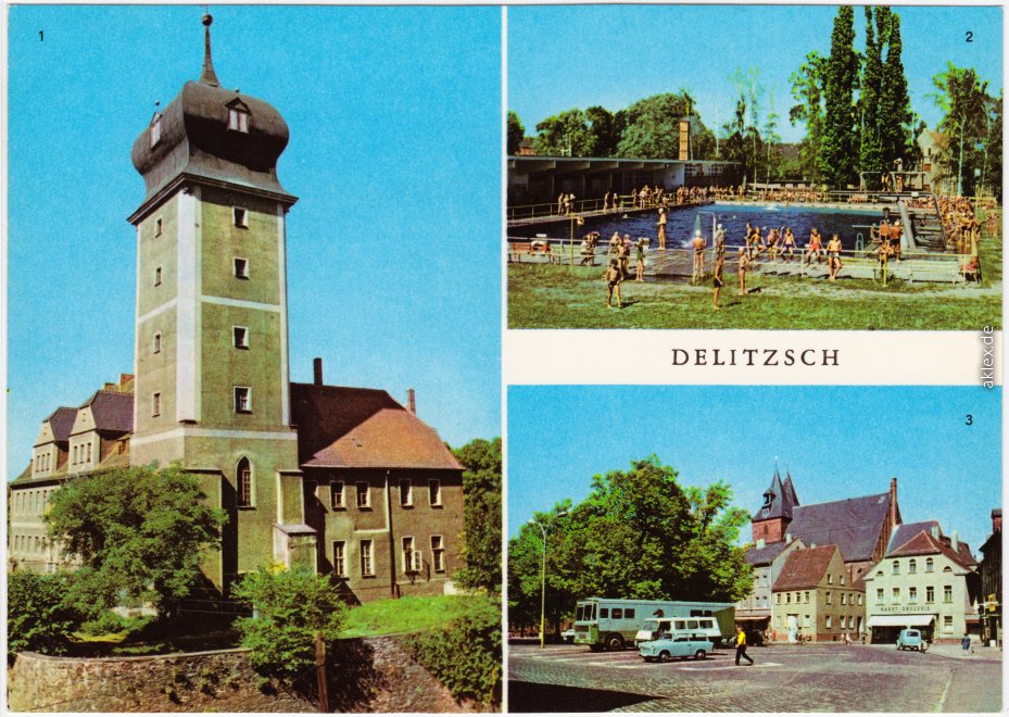 zoom: Image side vintage Postcard from 1979: 1. Schloß, 2. Bad, 3. Markt:: Delitzsch