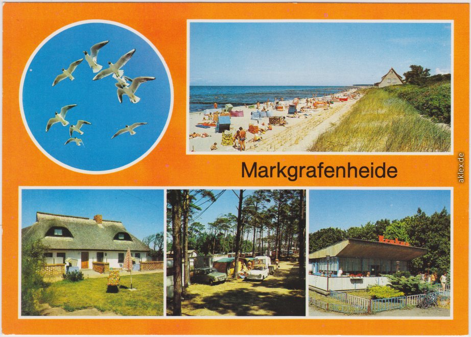 vergrößern: Bildseite historische Ansichtskarte von 1989: Strand, Rohrdachhaus, Campingplatz, Gaststätte Krakus:: Rostock
