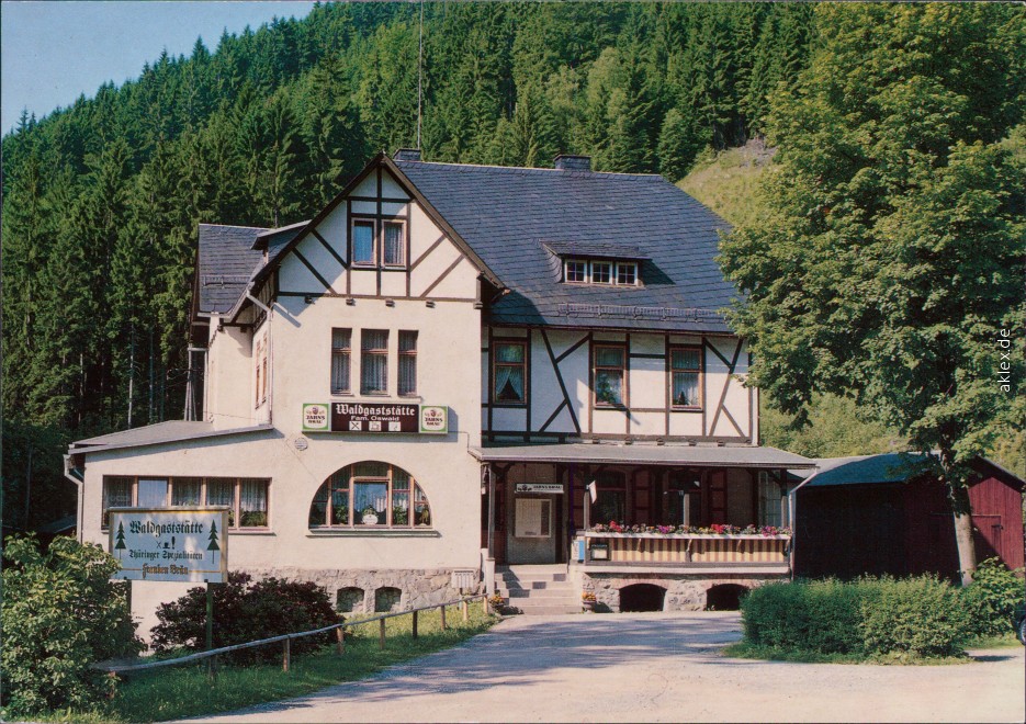 vergrößern: Bildseite historische Ansichtskarte von 1992: Waldgaststätte - Oßwald - Außenansicht:: Lichtentanne