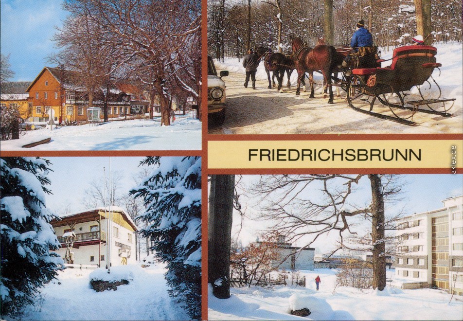 zoom: Image side vintage Postcard from 1990: Winteransichten: Gasthof, Pferdeschlitten:: Friedrichsbrunn