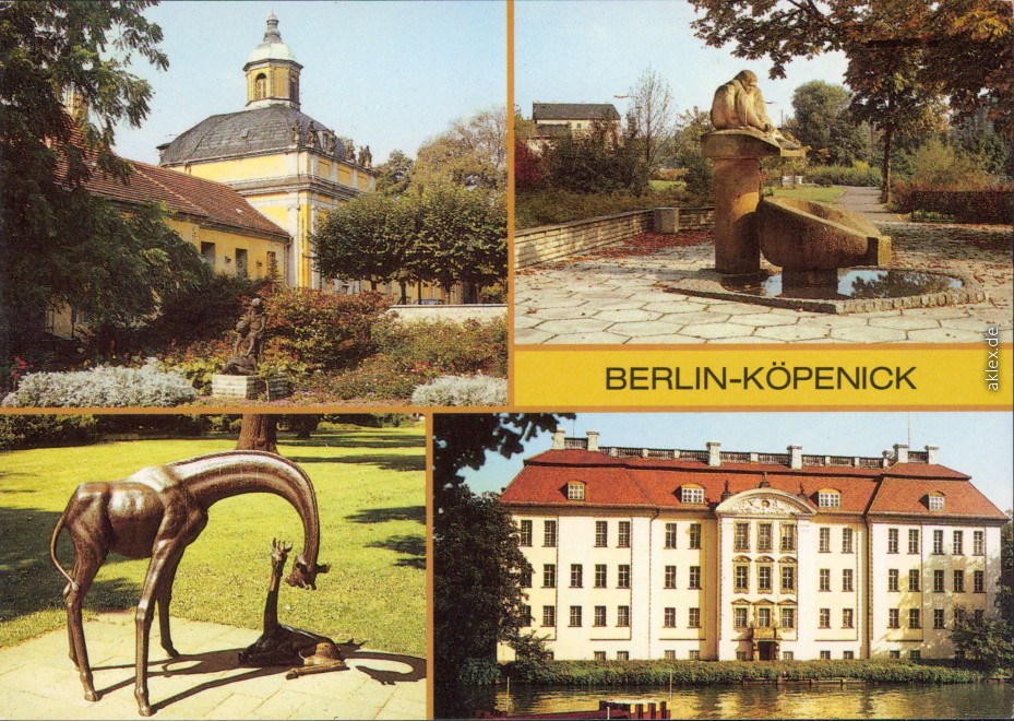 zoom: Image side vintage Postcard from 1988: Schloßkirche, Frauentrog mit Mutter Lustig, Giraffenplastik, Schloß:: Köpenick-Berlin