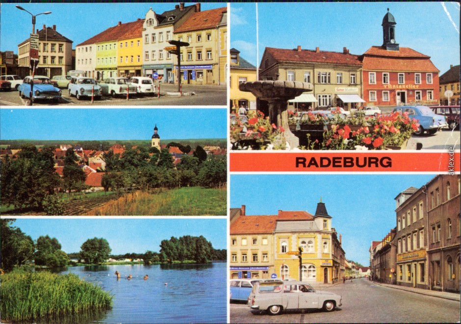 zoom: Image side vintage Postcard from 1984: Platz des 8. Mai, Teilansicht, Röderstausee, Blick zur HOG "Ratskeller", Heinrich-Zille-Straße:: Radeburg
