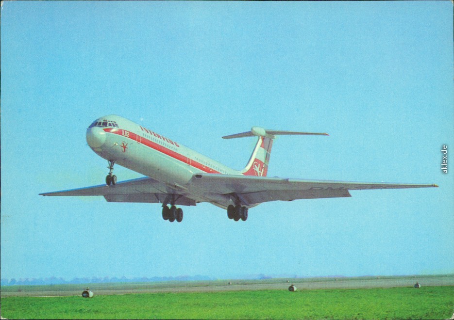 zoom: Image side vintage Postcard from 1982: Interflug - Turbinenluftstrahlverkehrsflungzeug Il 62 - 158 Sitzplätze::