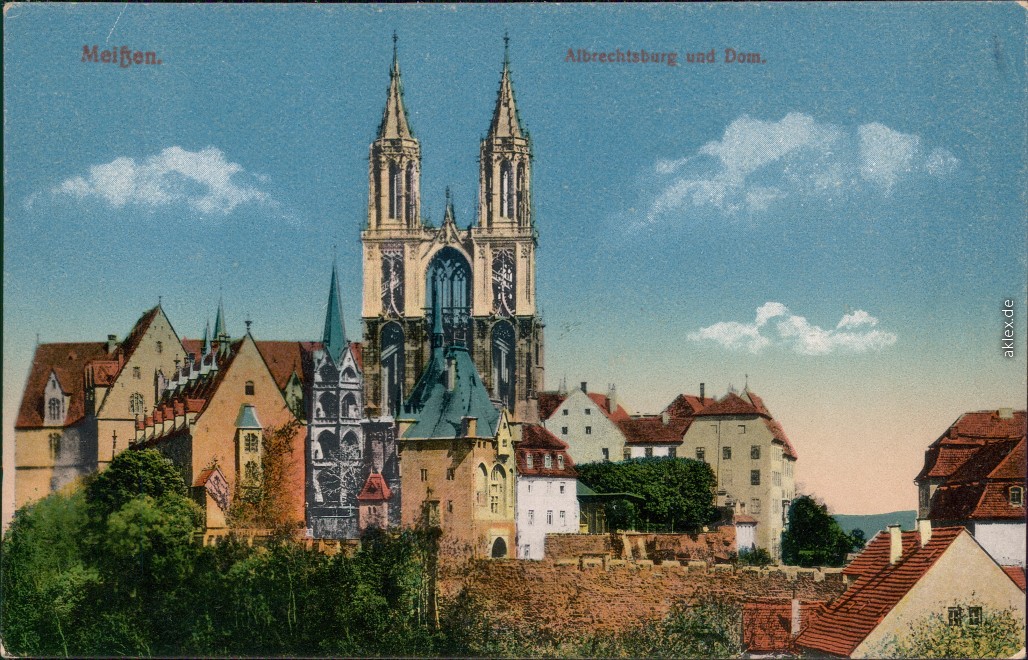 vergrößern: Bildseite historische Ansichtskarte von 1914: Schloss Albrechtsburg und Dom:: Meißen