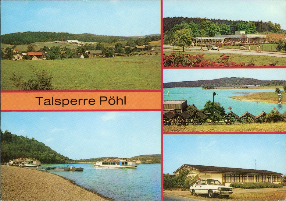 zoom: Image side vintage Postcard from 1988: Talsperre: Helmsgrün, Fahrgastschiffe, Gaststätte "Talsperrenblick", Intercamping:: Pöhl