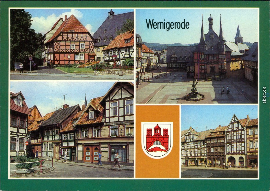 vergrößern: Bildseite historische Ansichtskarte von 1987: Klintgasse, Rathaus am Markt, Blick zum kleinsten Haus, Fußgängerzone Breite Straße:: Wernigerode