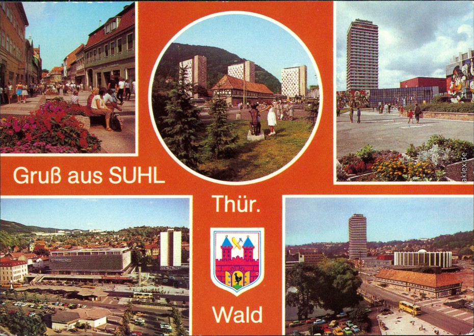zoom: Image side vintage Postcard from 1984: Steinweg, Ernst-Thälmann-Platz, Hochhaus am Viadukt, CENTRUM-Warenhaus, Waffenmuseum, Stadthalle, Hochhaus:: Suhl