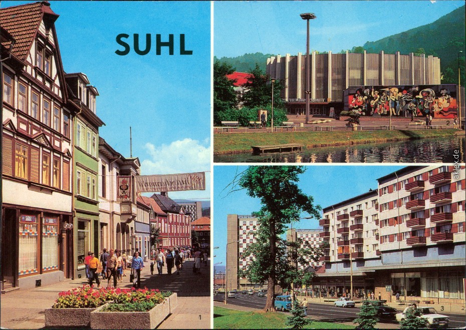 vergrößern: Bildseite historische Ansichtskarte von 1980: Steinweg, Stadthalle der Freundschaft, Wilhelm-Pieck-Straße:: Suhl