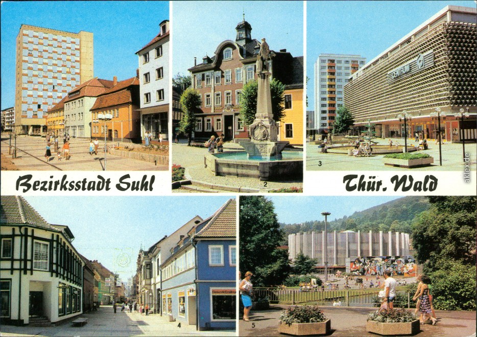 zoom: Image side vintage Postcard from 1979: Wilhelm-Pieck-Straße, Rathaus, Waffenschmied-Denkmal, CENTRUM-Warenhaus, Steinweg, Stadthalle der Freundschaft:: Suhl