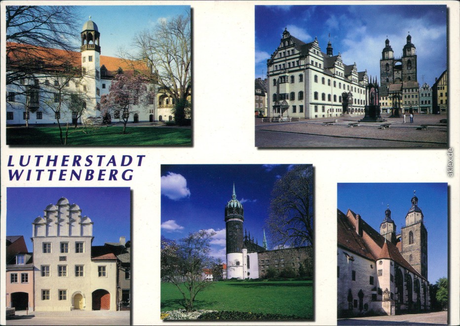 zoom: Image side vintage Postcard from 1996: Lutherhalle, Marktplatz mit Rathaus und Stadtkirche, Melanchthonhaus, Schloßkirche, Stadtkirche:: Lutherstadt Wittenberg