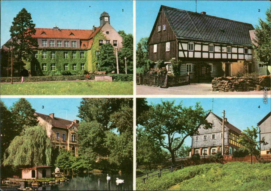 vergrößern: Bildseite historische Ansichtskarte von 1973: Lessingschule, Umgebindehaus, Am Schwanenteich:: Neukirch (Lausitz)