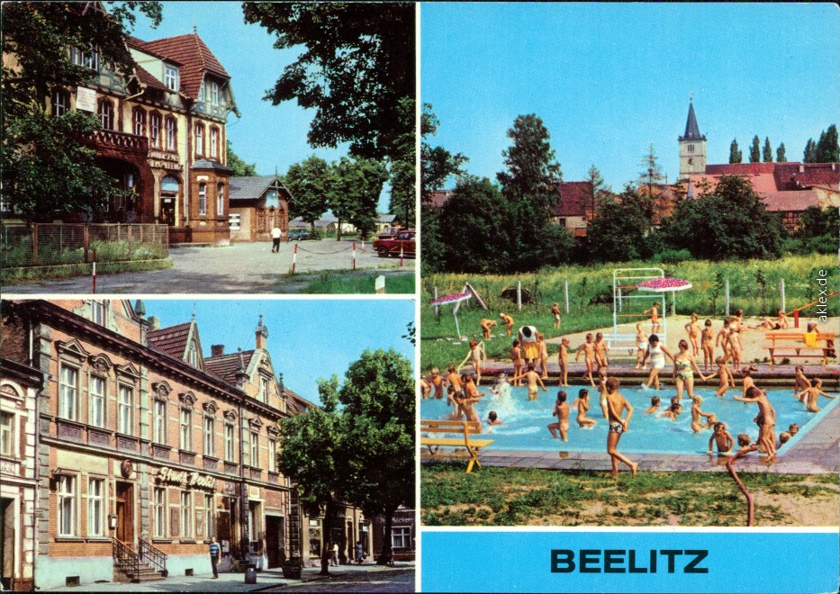 vergrößern: Bildseite historische Ansichtskarte von 1983: Einkaufszentrum der BGH Beelitz, HO-Gststätte Stadt Beelitz, Stadtbad:: Beelitz