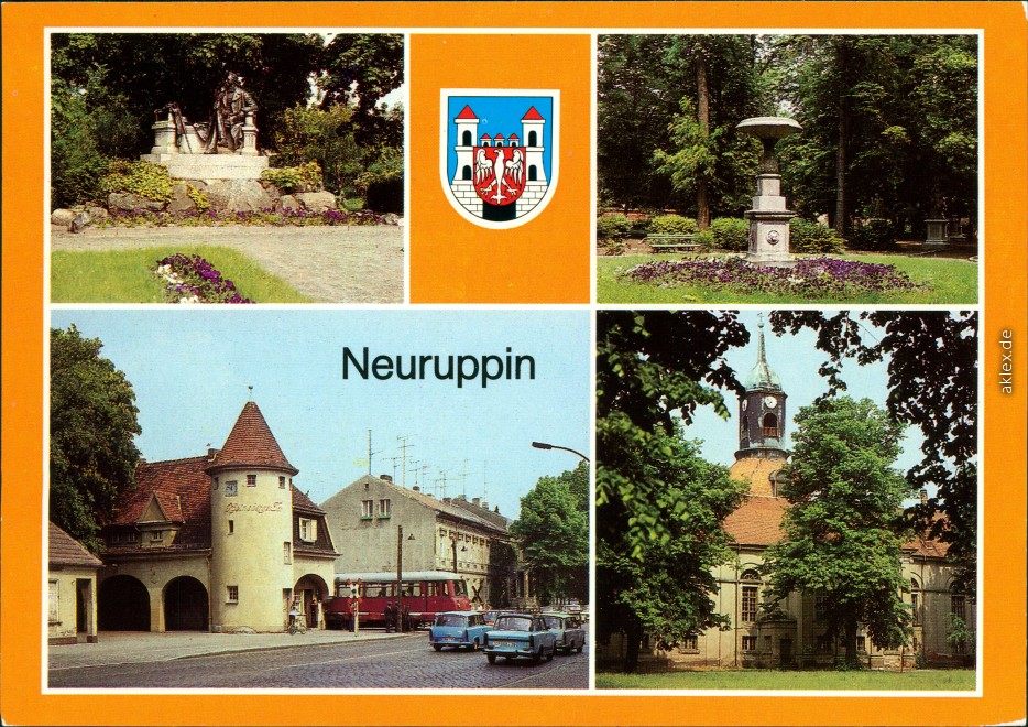 zoom: Image side vintage Postcard from 1987: Fontanedenkmal, Tempelgarten, Am Bahnhof Rheinsberger Tor, Stadtkirche:: Neuruppin