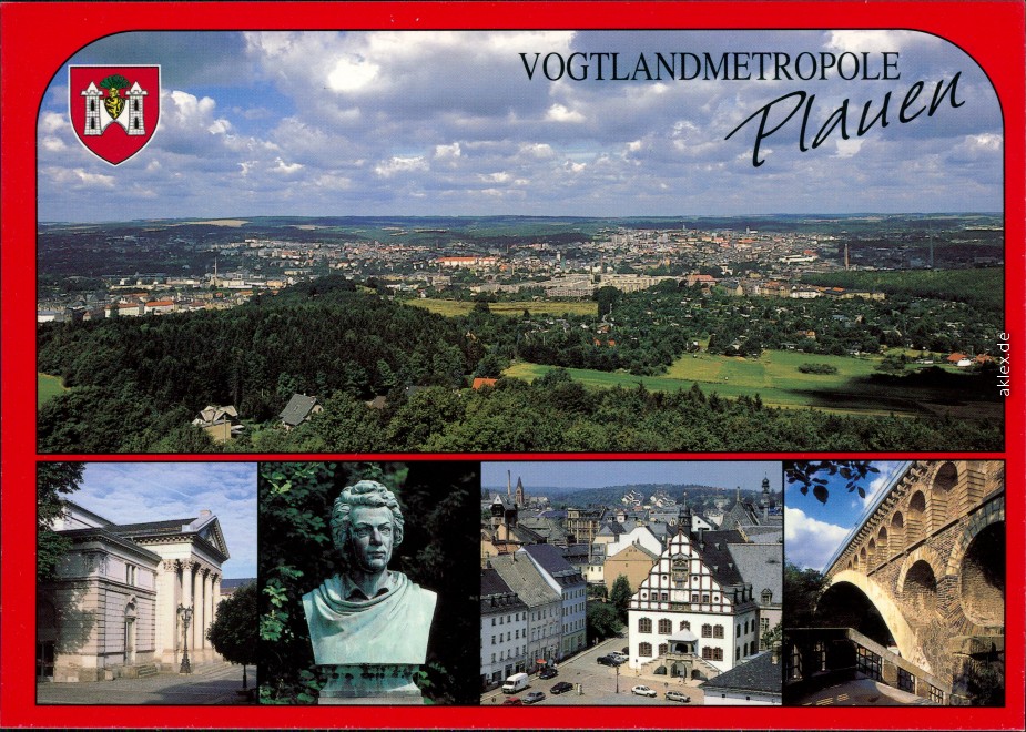 vergrößern: Bildseite historische Ansichtskarte von 1995: Panorama, Theater, Julius-Mosen-Denkmal im Plauener Stadtpark, Blick zum Rathaus, Friedensbrücke:: Plauen (Vogtland)
