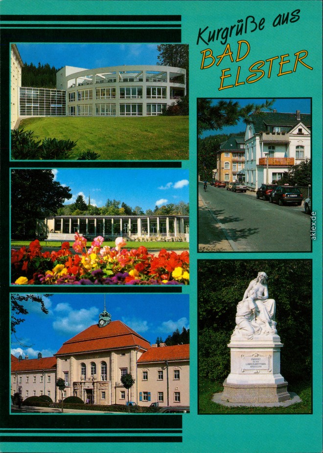 zoom: Image side vintage Postcard from 1995: Klinik am Brunnenberg, Roßbacher Straße, Wandelhalle mit Moritzquelle, Albert-Bad, Quellnymphe:: Bad Elster