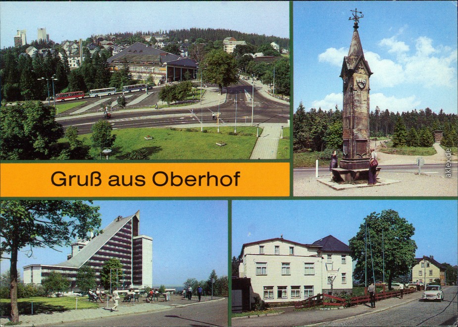 vergrößern: Bildseite historische Ansichtskarte von 1989: Gaststättenkomplex Oberer Hof, Am Rondell, Hotel Panorama, Ferienheim Richard Eiling:: Oberhof (Thüringen)