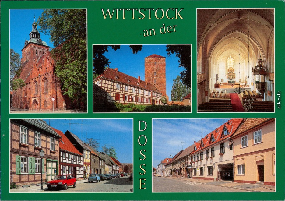 vergrößern: Bildseite historische Ansichtskarte von 1995: Marienkirche, Ostprignitzmuseum und Amtsturm, Marienkirche, Blick zum Altar, Baustraße, St. Marien-Straße:: Wittstock/Dosse