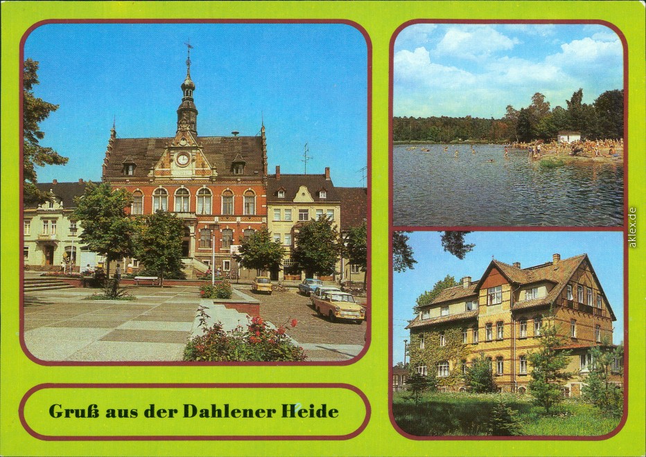 vergrößern: Bildseite historische Ansichtskarte von 1987: Dahlener Heide: Rathaus, Dammühlenteich Freibad / Campingplatz, FDGB-Erholungsheim "Schmannewitz":: Dahlen