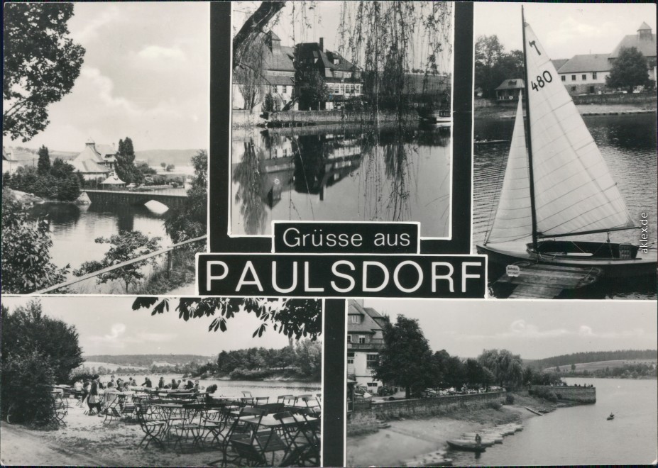 vergrößern: Bildseite historische Ansichtskarte von 1965: Ortsmotive, Segelboot, Gaststätte, Uferbereich:: Paulsdorf-Dippoldiswalde