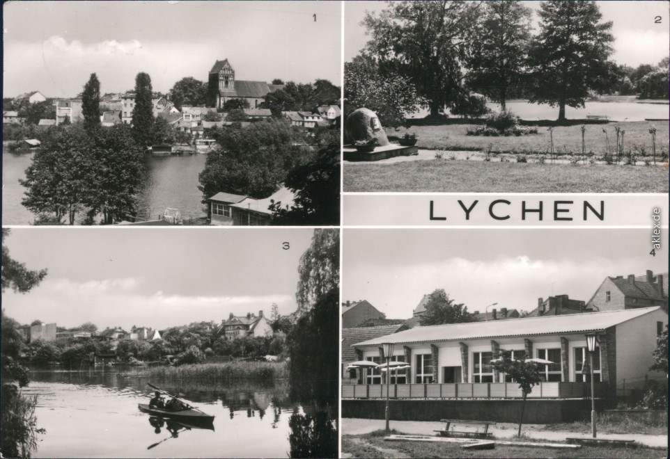 vergrößern: Bildseite historische Ansichtskarte von 1983: Stadtsee, Gedenkstein im Leninpark am Oberpfuhlsee, Nesselpfuhlsee, Strandcafé:: Lychen
