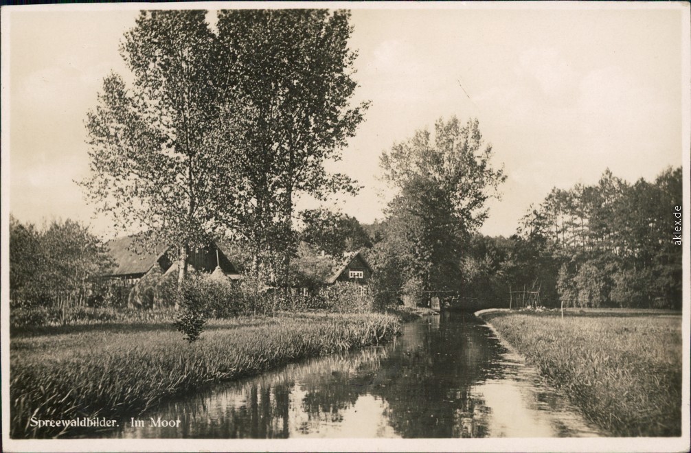 zoom: Image side vintage Postcard from 1932: Im Moor - Kanal mit Bauerngehöft:: Lübben (Spreewald)