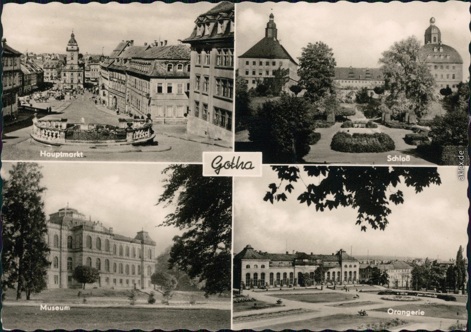 vergrößern: Bildseite historische Ansichtskarte von 1964: Hauptmarkt, Schloß mit Garten, Museum, Orangerie:: Gotha