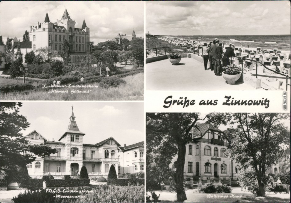 vergrößern: Bildseite historische Ansichtskarte von 1974: Strand, FDGB-Ferienheim Meereswarte, IG-Wismut-Erholungsheim, Baltisches Haus:: Zinnowitz