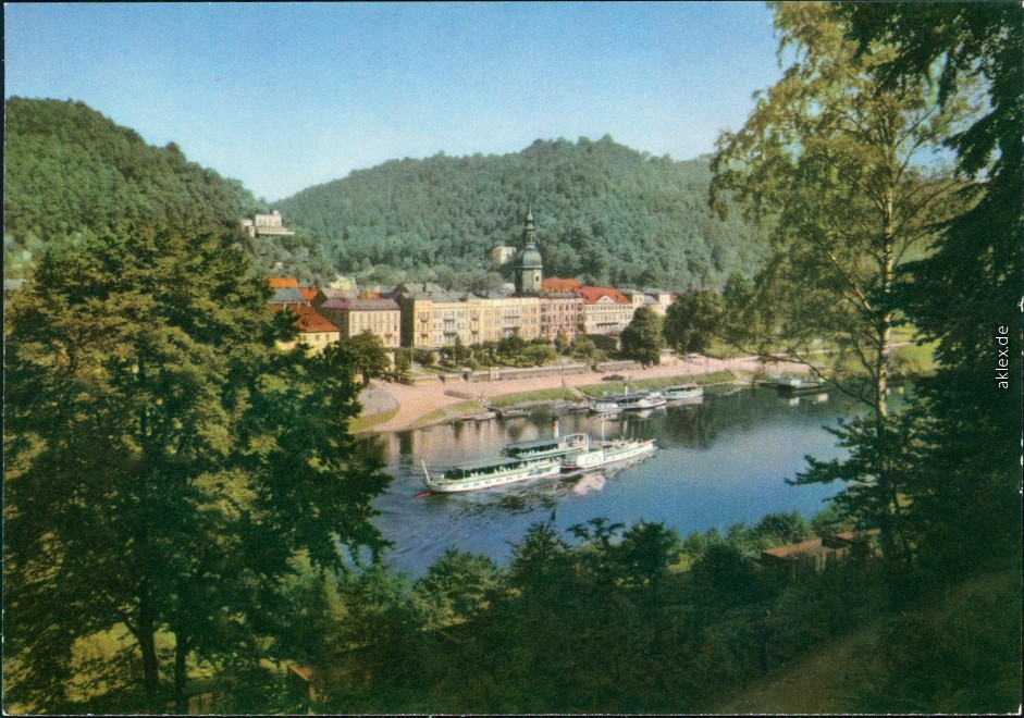 vergrößern: Bildseite historische Ansichtskarte von 1988: Panorama-Ansicht mit Elbdampfer:: Bad Schandau