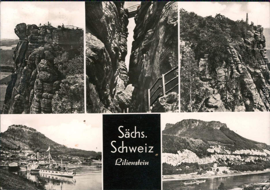 vergrößern: Bildseite historische Ansichtskarte von 1973: Lilienstein mit Elbdampfer:: Porschdorf-Bad Schandau