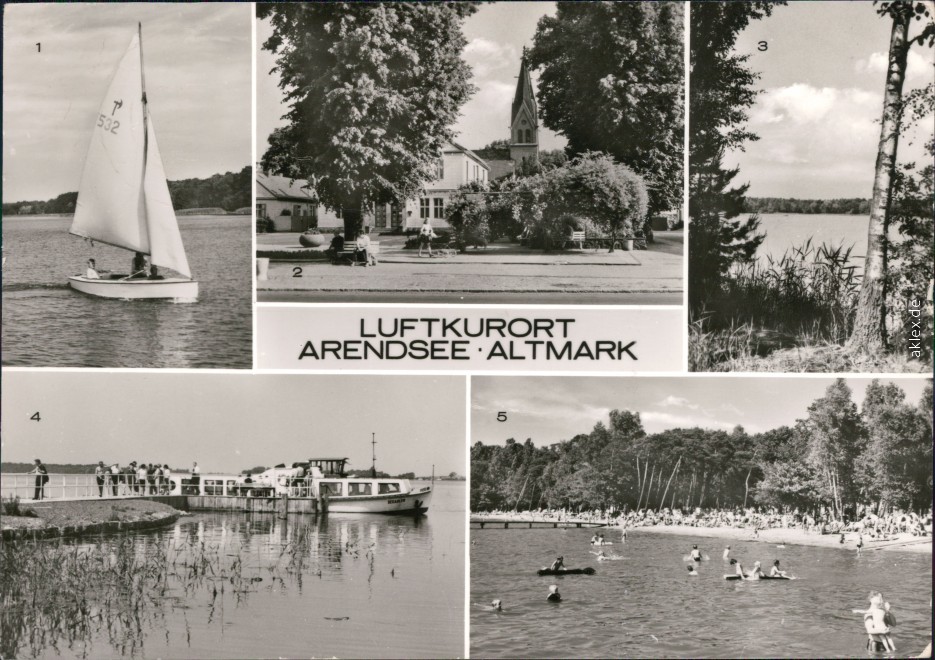 vergrößern: Bildseite historische Ansichtskarte von 1981: Arendsee, Rathaus, Schramper Eck, Fahrgastschiff, Badestrand:: Arendsee (Altmark)