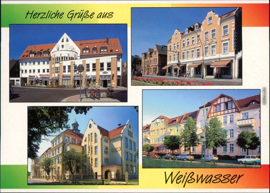 vergrößern: Bildseite historische Ansichtskarte von 1995: Einkaufszentrum, Muskauerstraße, Pestalozzischule, Gartenstraße:: Weißwasser/Oberlausitz