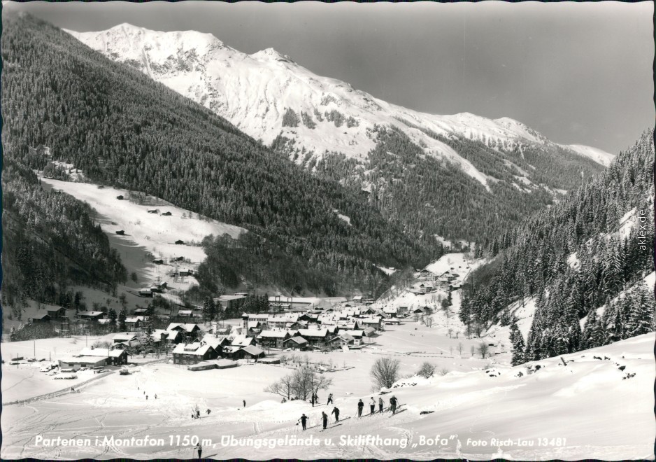 vergrößern: Bildseite historische Ansichtskarte von 1964: Panorama-Ansicht, Skigebiet:: Partenen