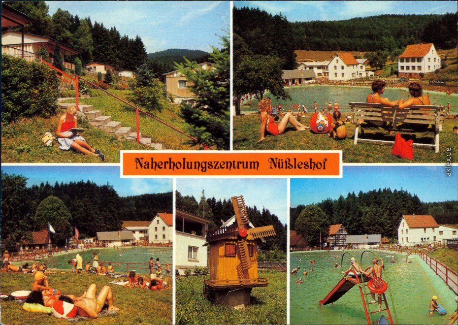 vergrößern: Bildseite historische Ansichtskarte von 1987: Naherholungszentrum Nüßleshof - verschiedene Ansichten - Bungalow
