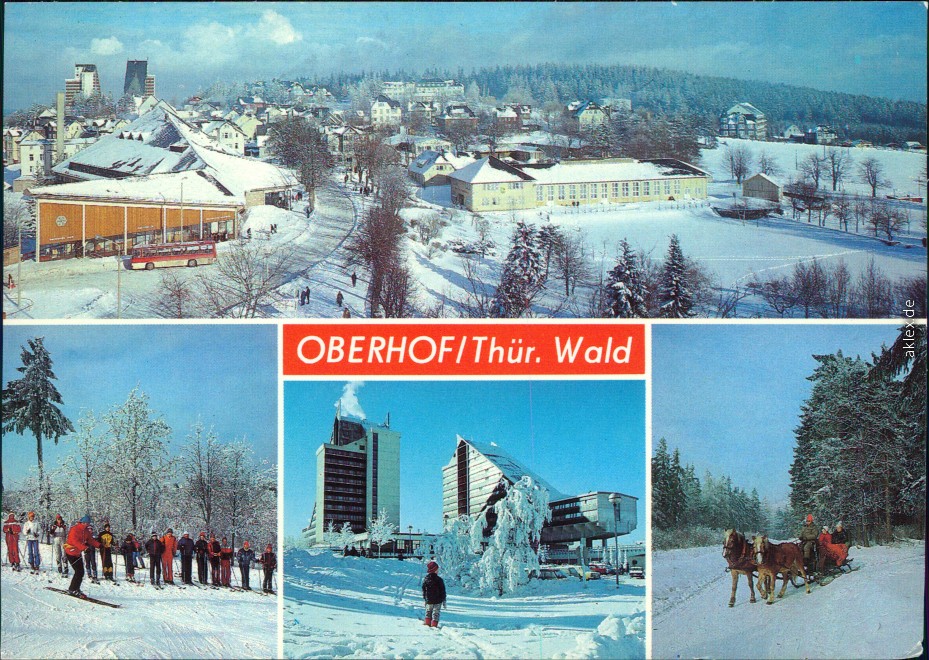 zoom: Image side vintage Postcard from 1986: Panorama, Ski-Übungshang, Hotele Panorama, Schlittenfahrt:: Oberhof (Thüringen)