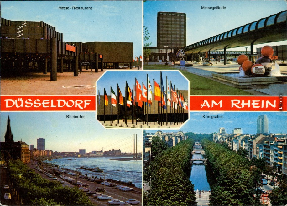 vergrößern: Bildseite historische Ansichtskarte von 1974: Messe-Restaurant, Messegelände, Rheinufer, Königsallee:: Düsseldorf