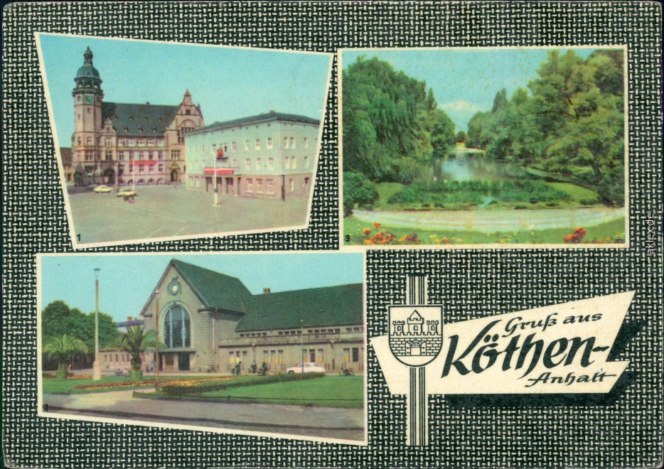 vergrößern: Bildseite historische Ansichtskarte von 1963: Kirche, Bahnhof, Teich, Park:: Köthen