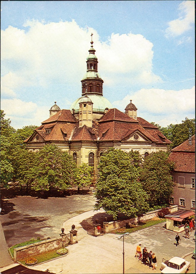 vergrößern: Bildseite historische Ansichtskarte von 1975: Kreuzerhöhungskirche/Kościół Św. Krzyża:: Hirschberg (Schlesien)